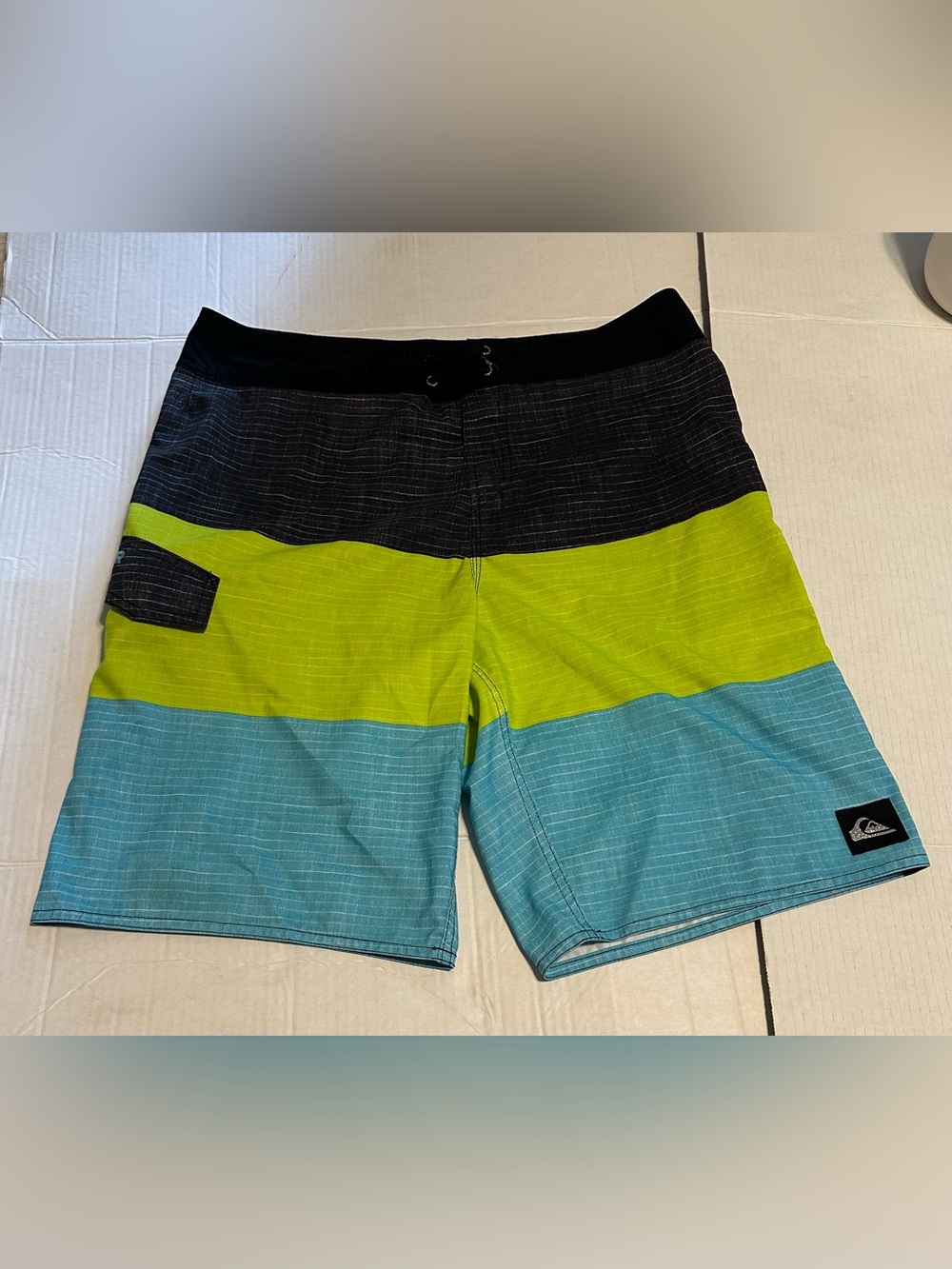 Quiksilver Mens Board Shorts Size 34 Gray Black Neon Green Striped Swim Trunks-